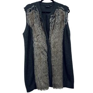 TRIBAL Size L Faux Fur Knit Vest Gray Tan Women's Boho Western Layers Mob wife